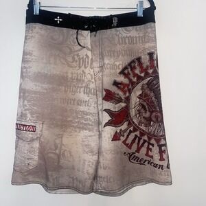 VTG Y2K Affliction Graphic Long Board Shorts Skull Tattoo Grunge wear Beige Red